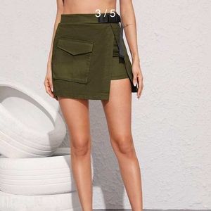 Asymmetrical Split Military Pocket Belted Mini Skirt